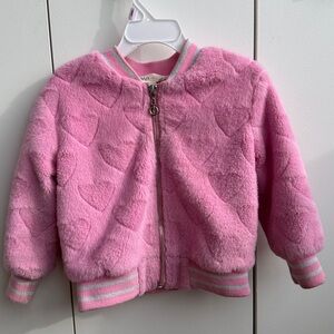 Baby Sara Faux Fur Barbie Pink Girls Heart Pattern Jacket Sz 4T